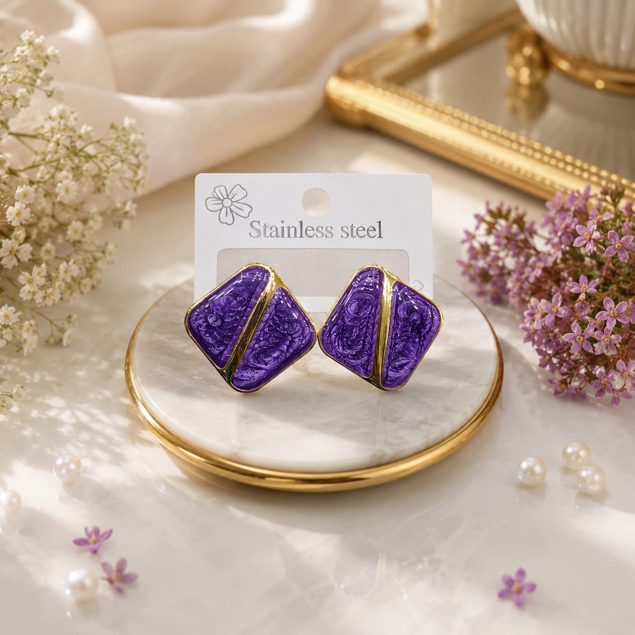 Celeste Purple Gold Textured Geometric Stud Earrings imitation Earrings by Soni De Nakhre