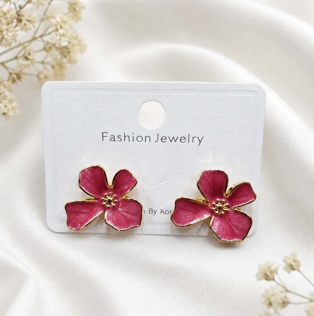 Rose Pink Floral Enamel Korean Stud Earrings imitation Earrings by Soni De Nakhre