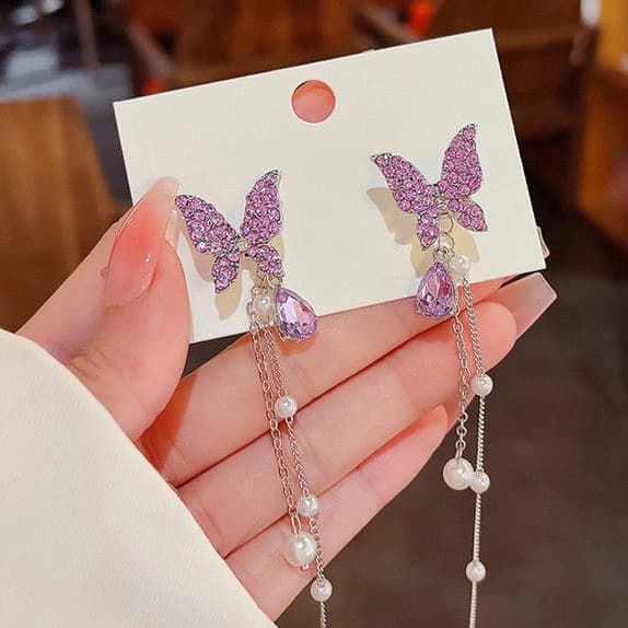 Lavender Crystal Butterfly Pearl Chain Drop Earrings imitation Earrings by Soni De Nakhre