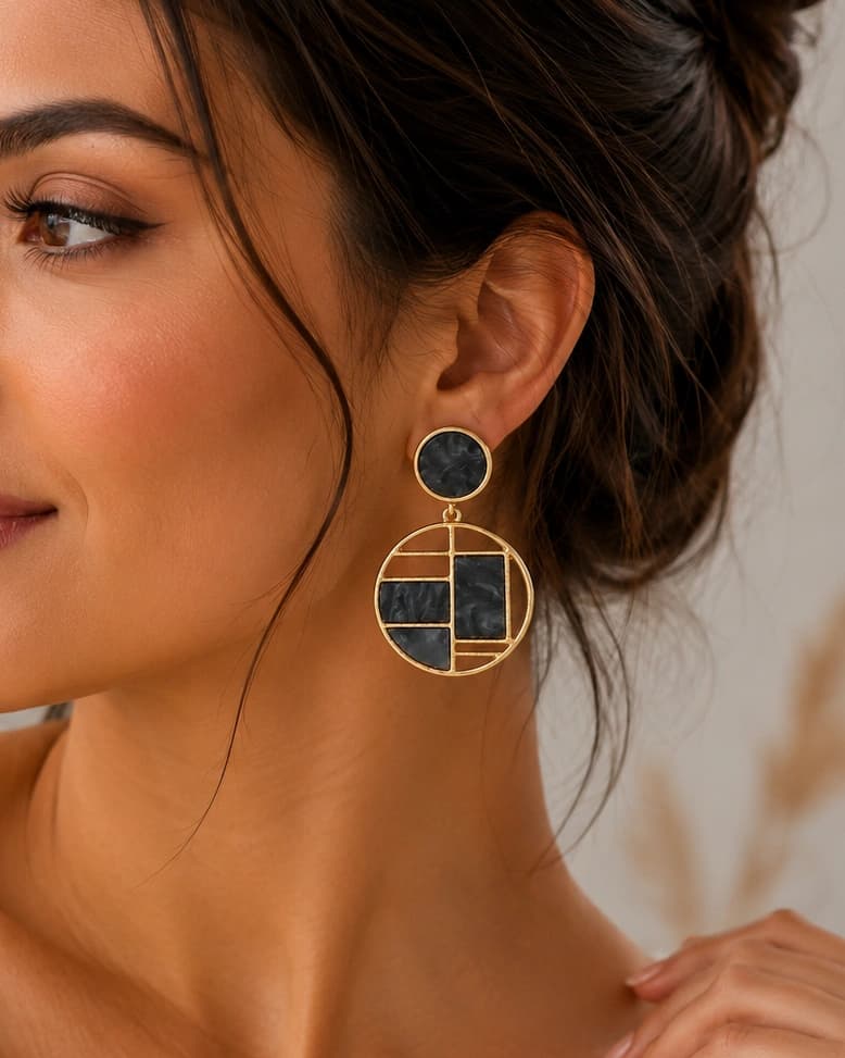 Noir Mosaic Round Geometric Drop Earrings β alternate view