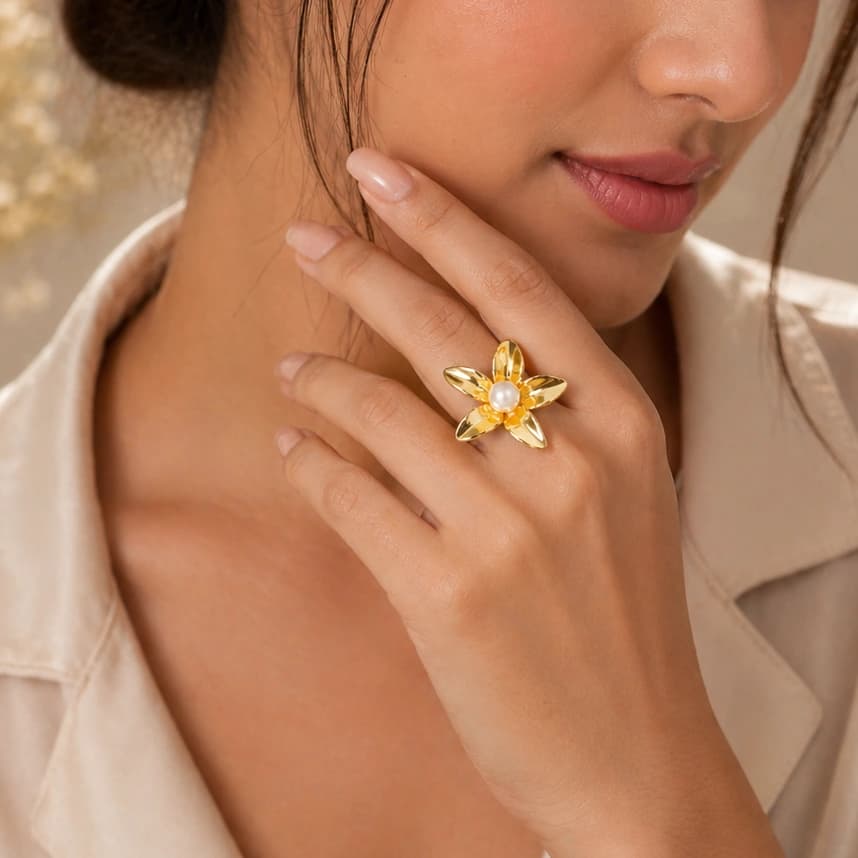 Golden Bloom Pearl Statement Ring β alternate view