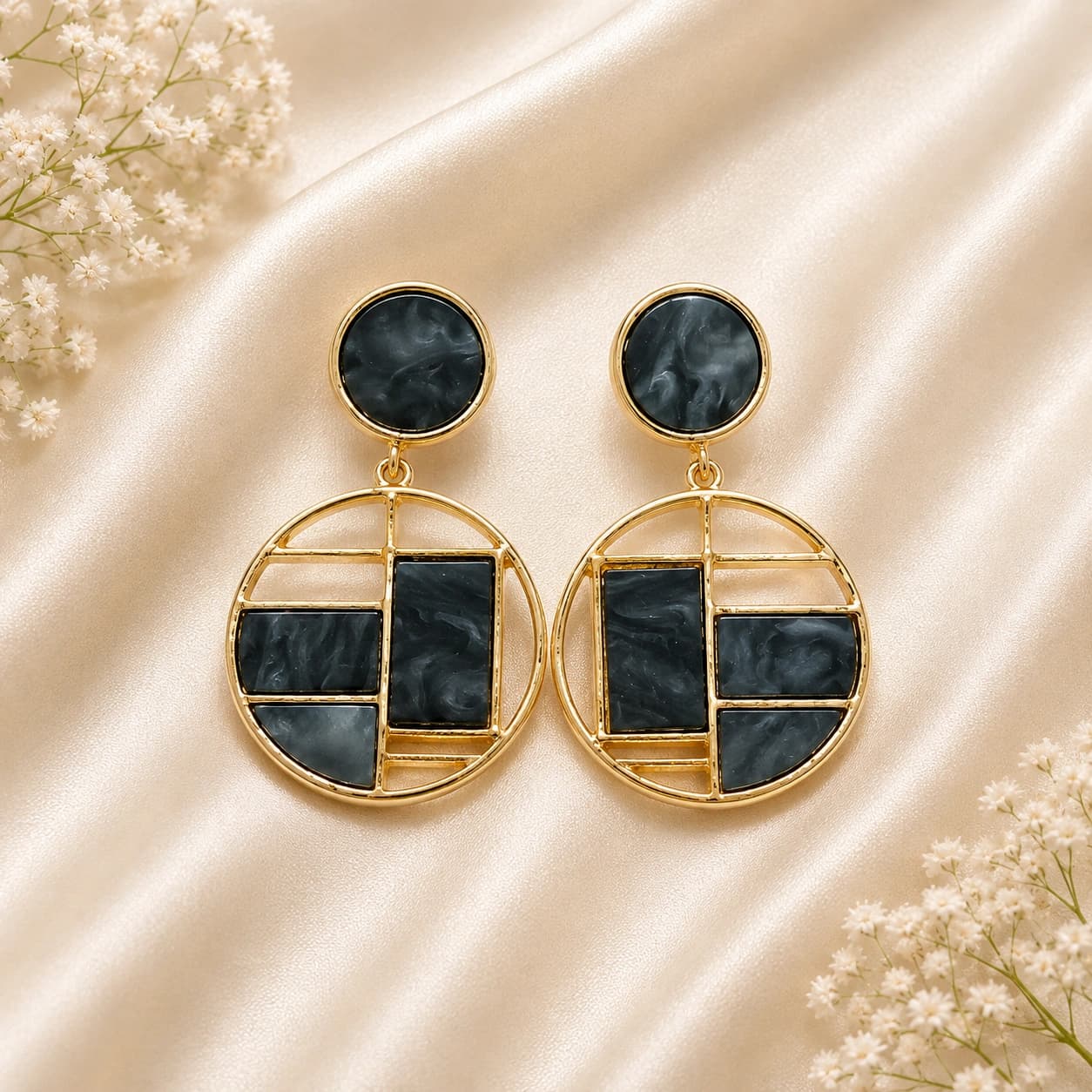 Noir Mosaic Round Geometric Drop Earrings