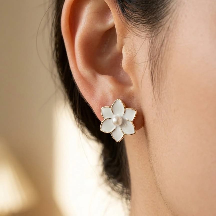 Ivory Pearl Flower Korean Stud Earrings β alternate view