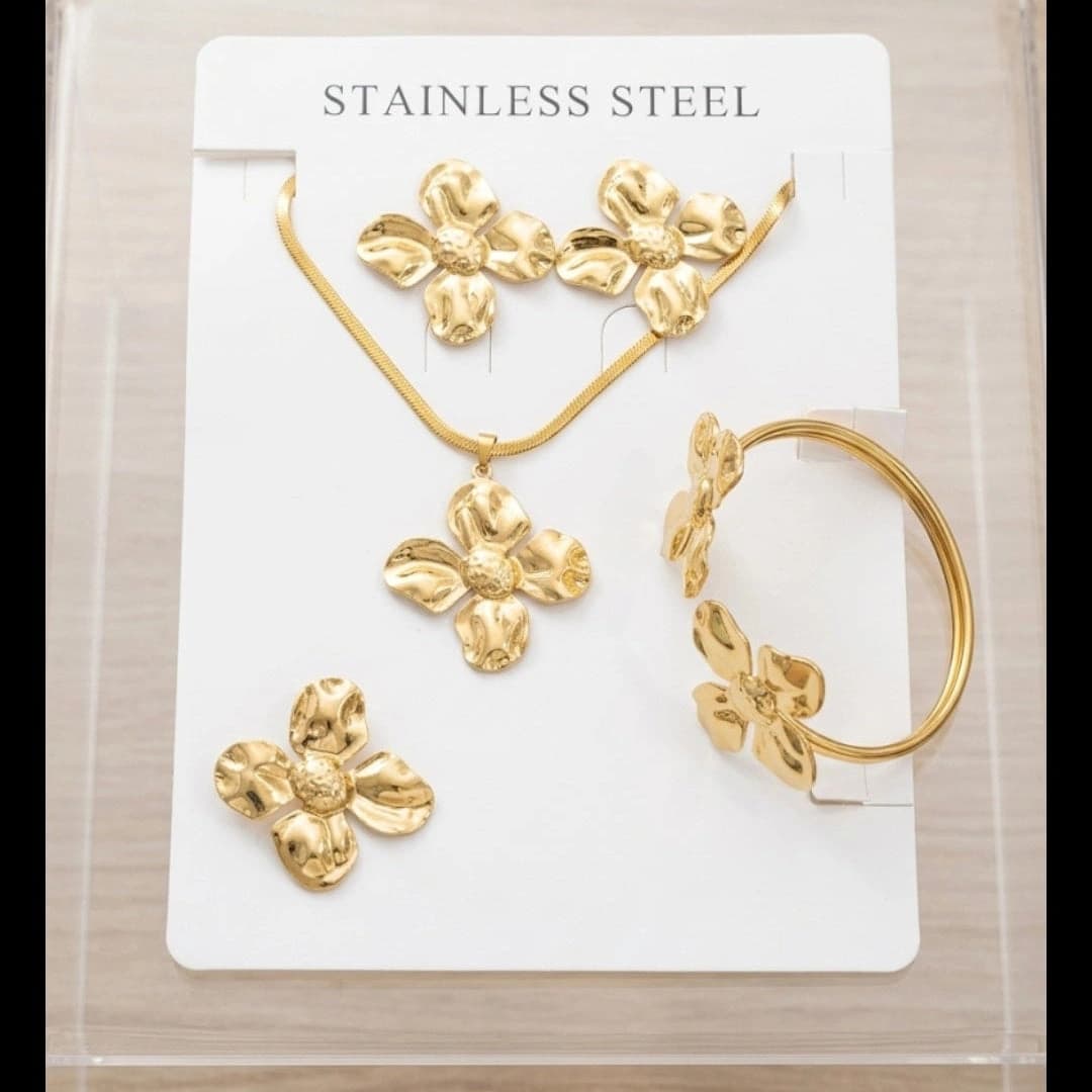 Celeste Golden Floral Necklace, Earrings & Bracelet Set imitation Sets by Soni De Nakhre