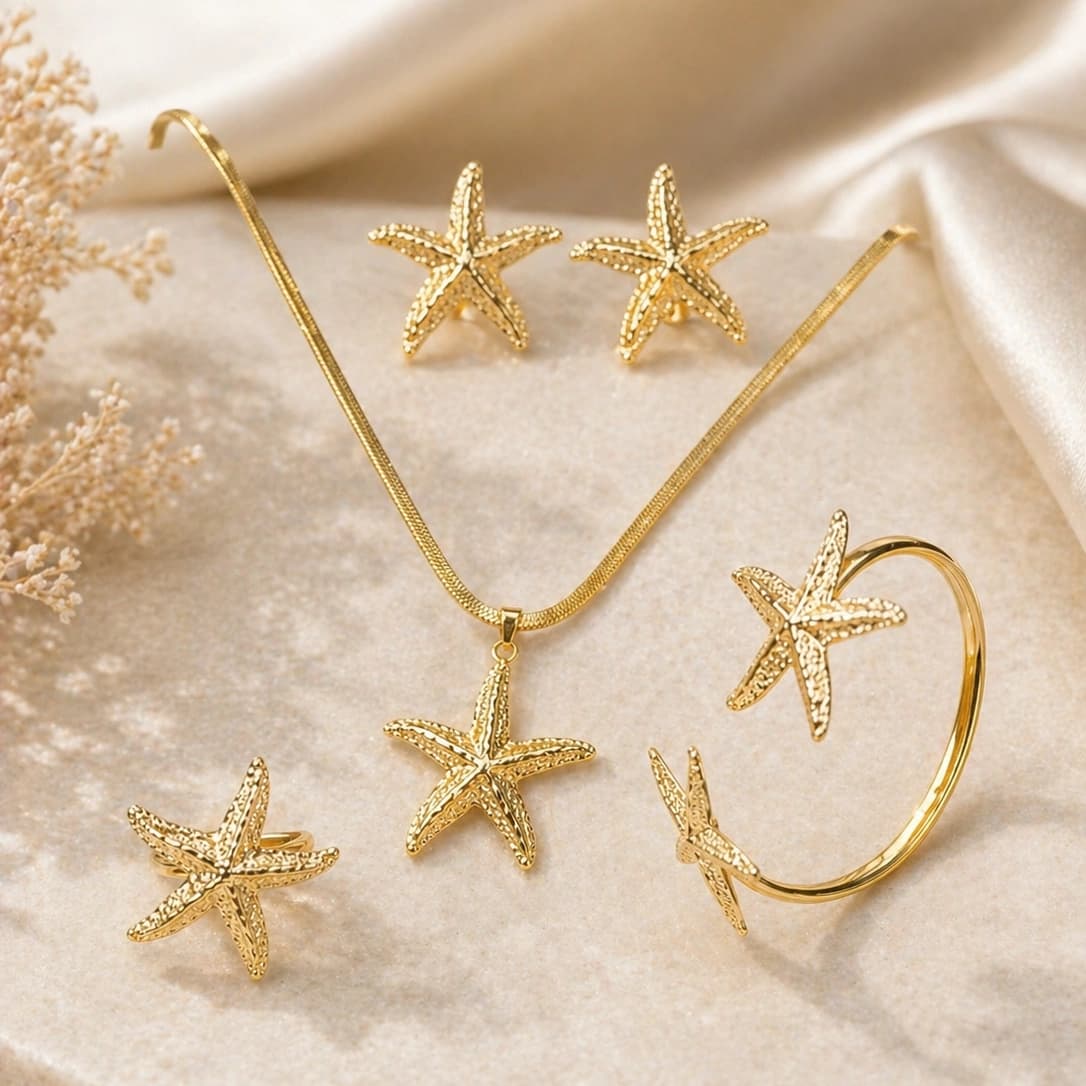 Celeste Golden Starfish Necklace, Earrings & Bracelet Set imitation Sets by Soni De Nakhre
