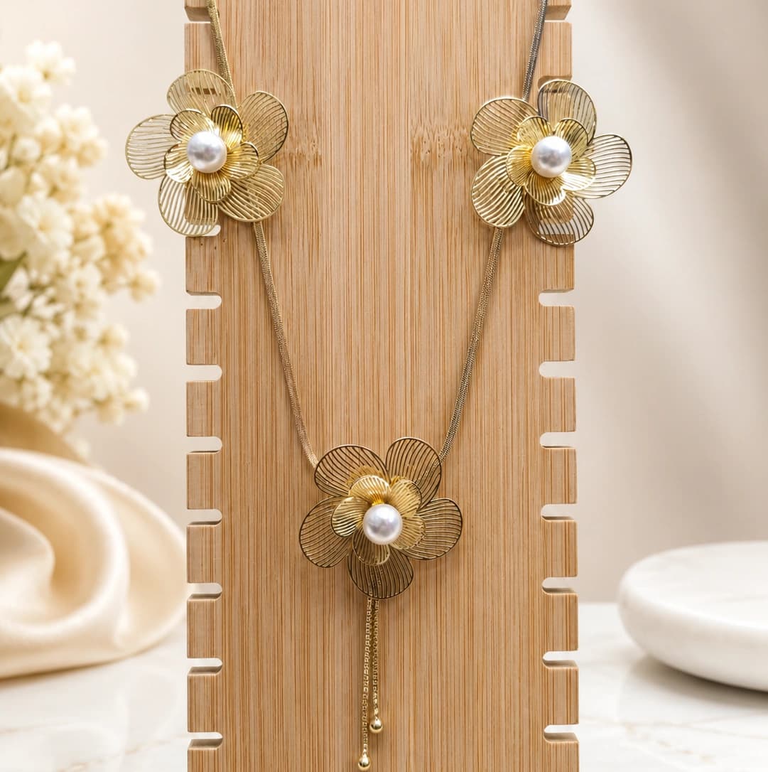 Celeste Golden Floral Pearl Necklace & Earrings Set imitation Sets by Soni De Nakhre